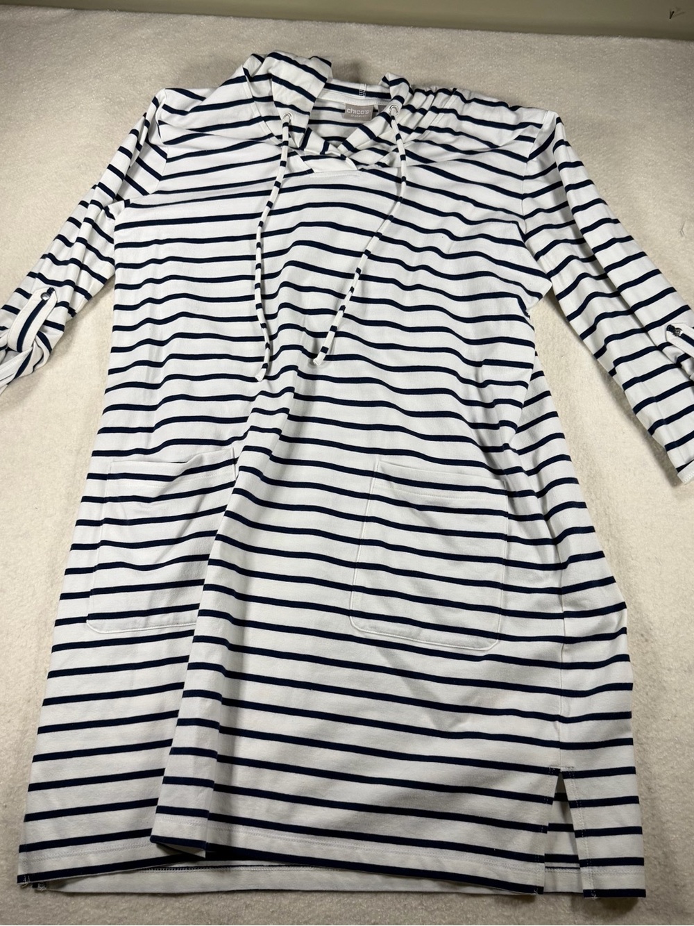 Chico’s Zenergy Navy White Striped Hooded Dress Women’s Size 2 (12/14) Beach